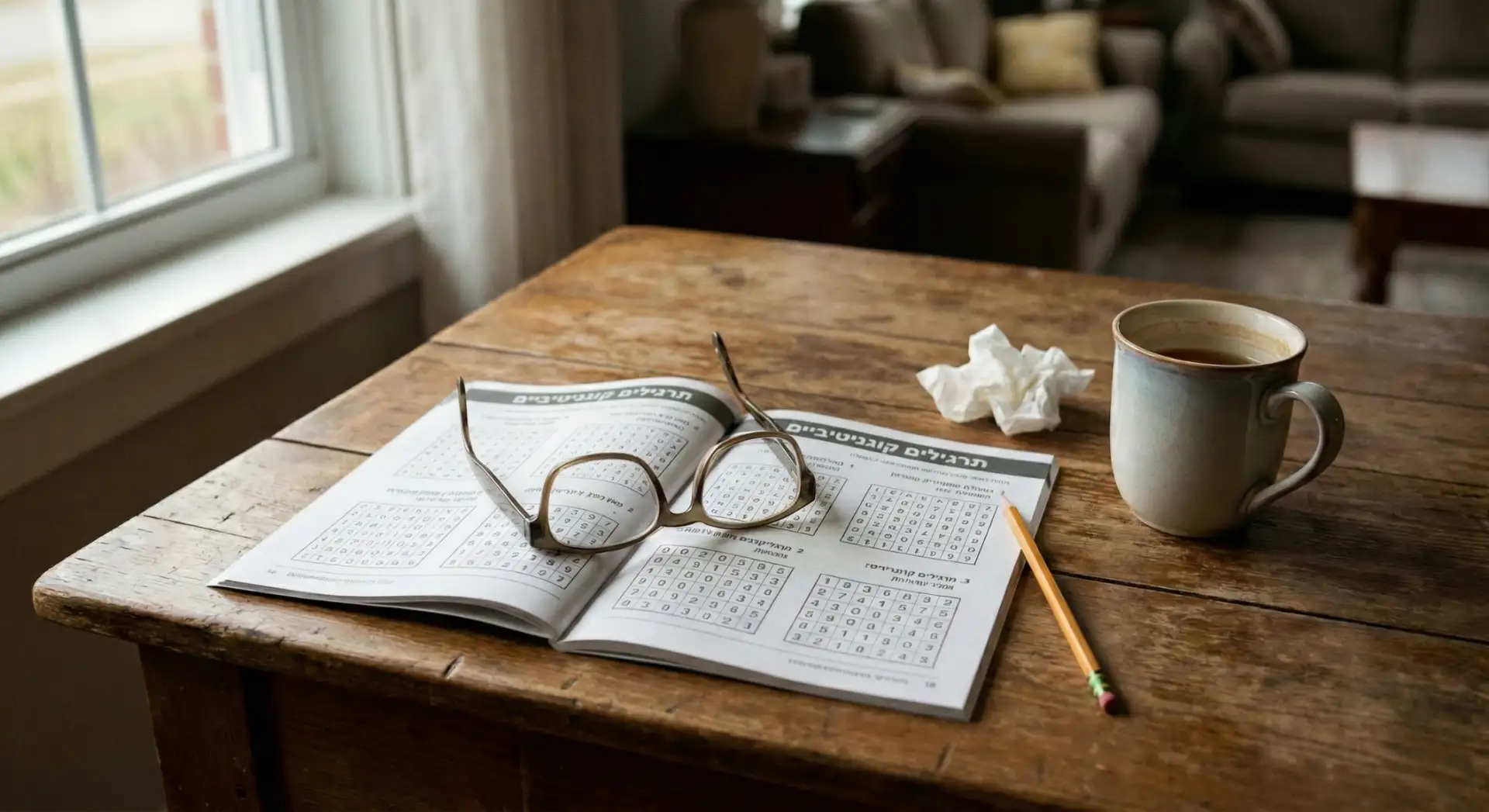 משקפיים על טבלת בדיקת ראייה לצד עיפרון וכוס תה על שולחן עץ