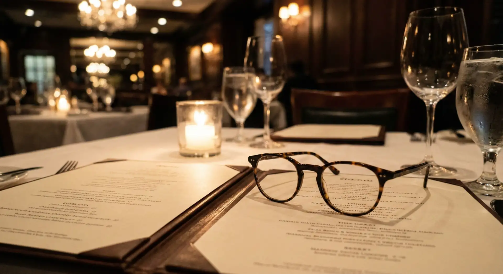 משקפי קריאה אופנתיים מונחים על תפריט במסעדה חשוכה לאור נרות, המחשב את הקושי בקריאה מקרוב בתאורה עמומה.